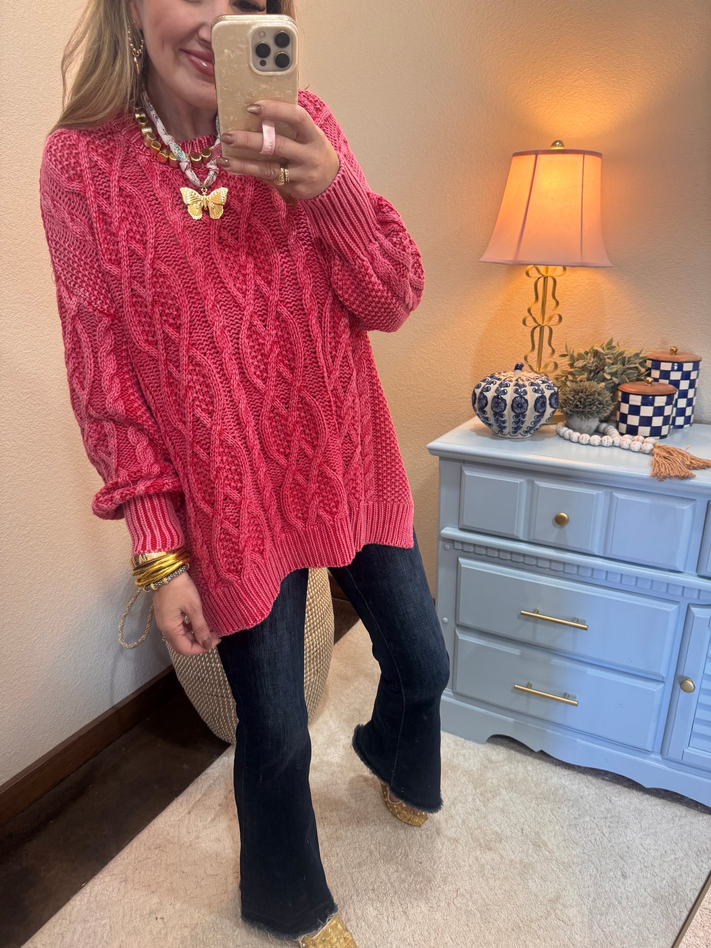 Raspberry Cable Knit Oversized Sweater