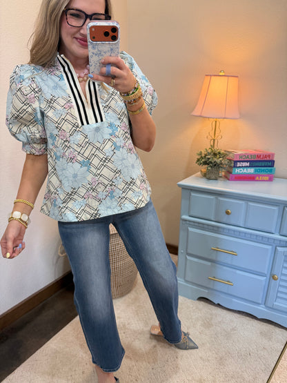 Powder Blue Floral Lattice Zip Knit Top