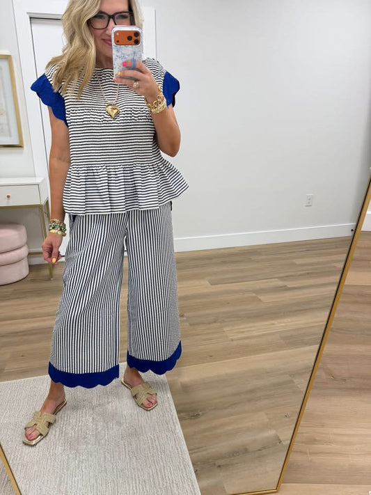 Blue Stripe Ruffle Sleeve Peplum Top