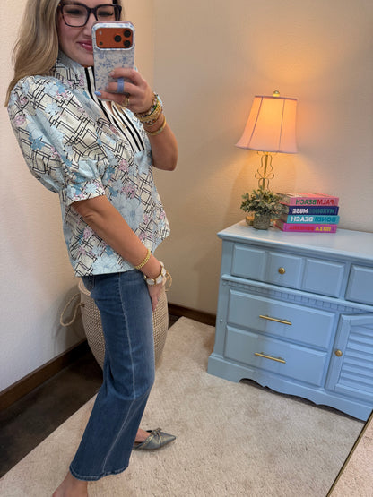 Powder Blue Floral Lattice Zip Knit Top