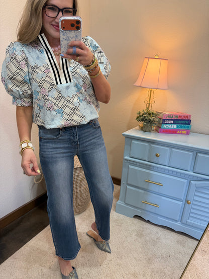 Powder Blue Floral Lattice Zip Knit Top