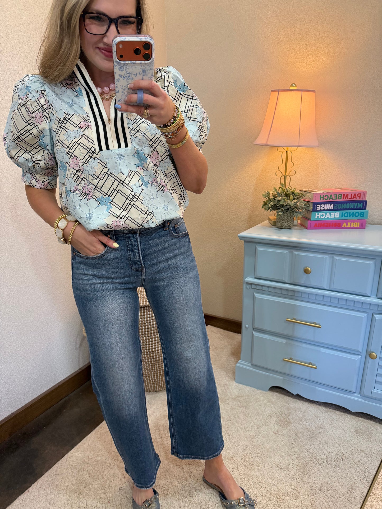 Powder Blue Floral Lattice Zip Knit Top