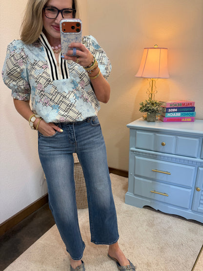 Powder Blue Floral Lattice Zip Knit Top