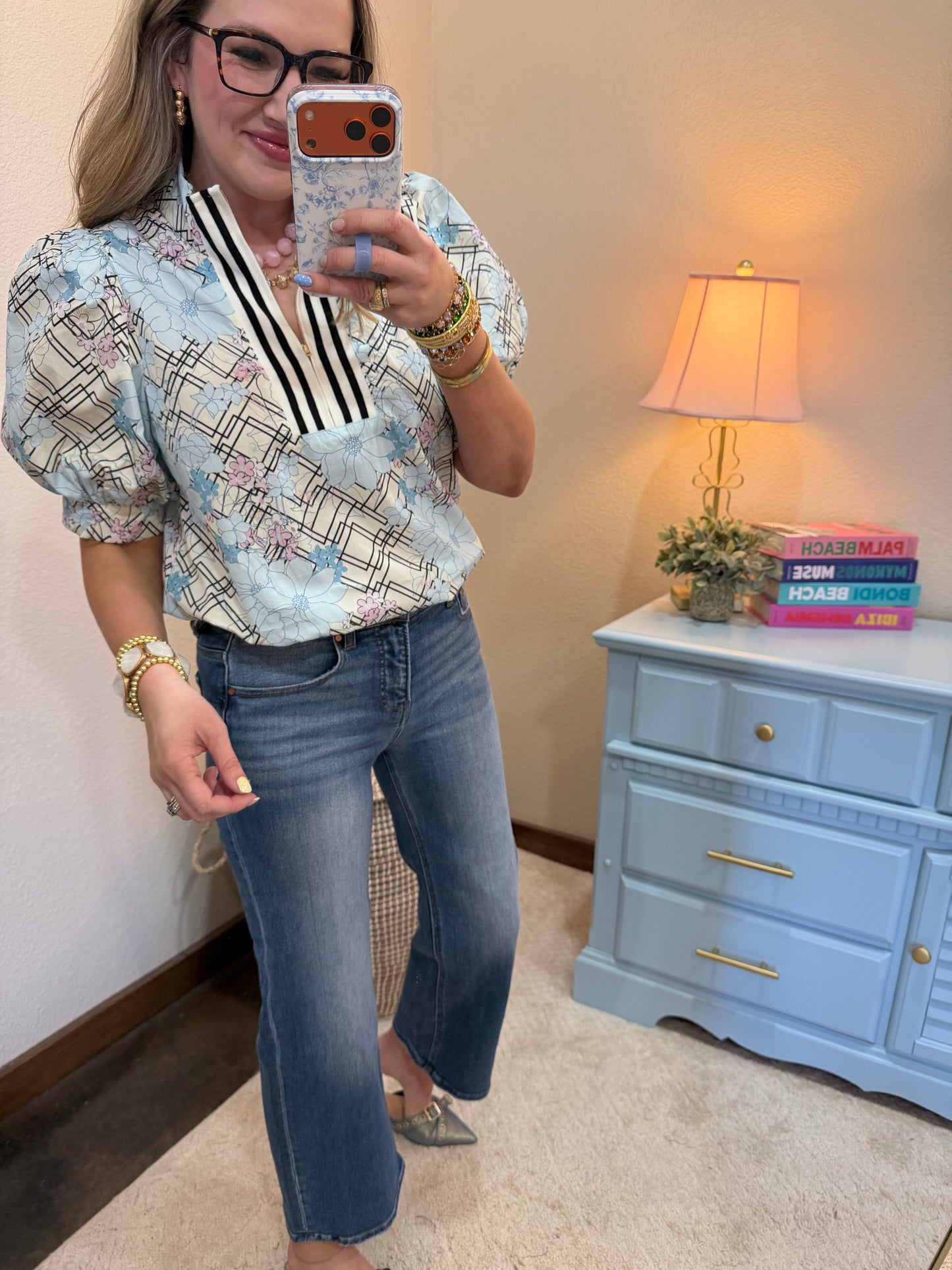 Powder Blue Floral Lattice Zip Knit Top