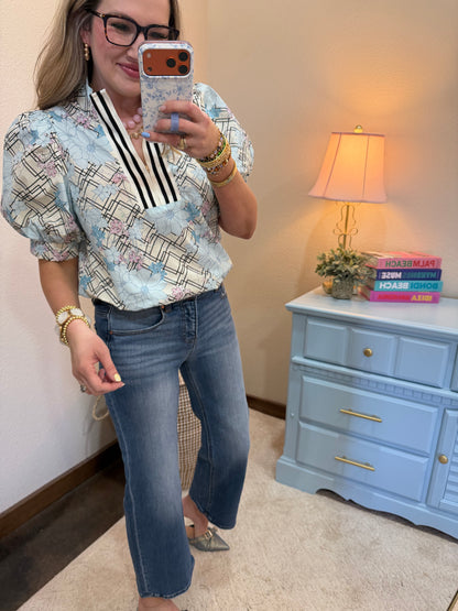 Powder Blue Floral Lattice Zip Knit Top