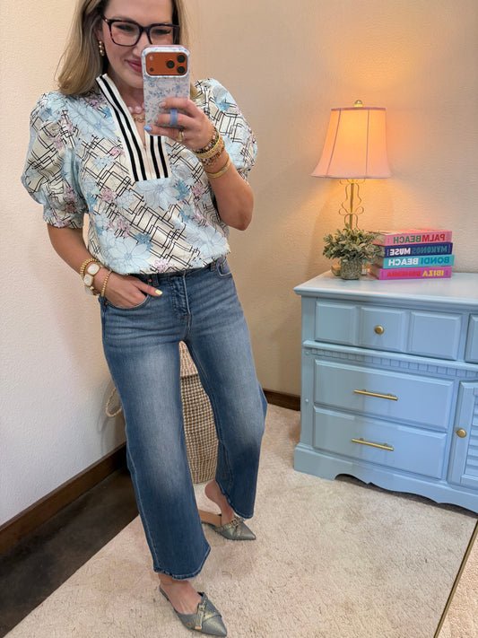 Powder Blue Floral Lattice Zip Knit Top