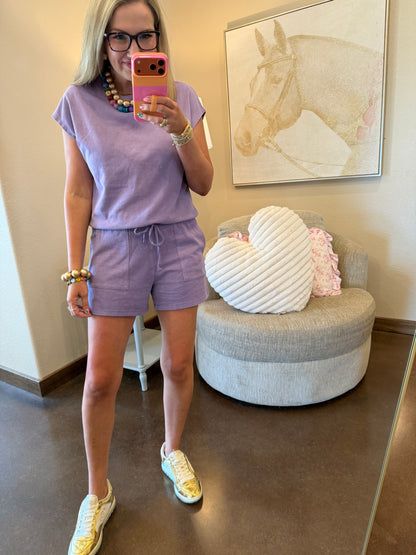 Dusty Purple Sleeveless Crew Neck Top And Shorts Set