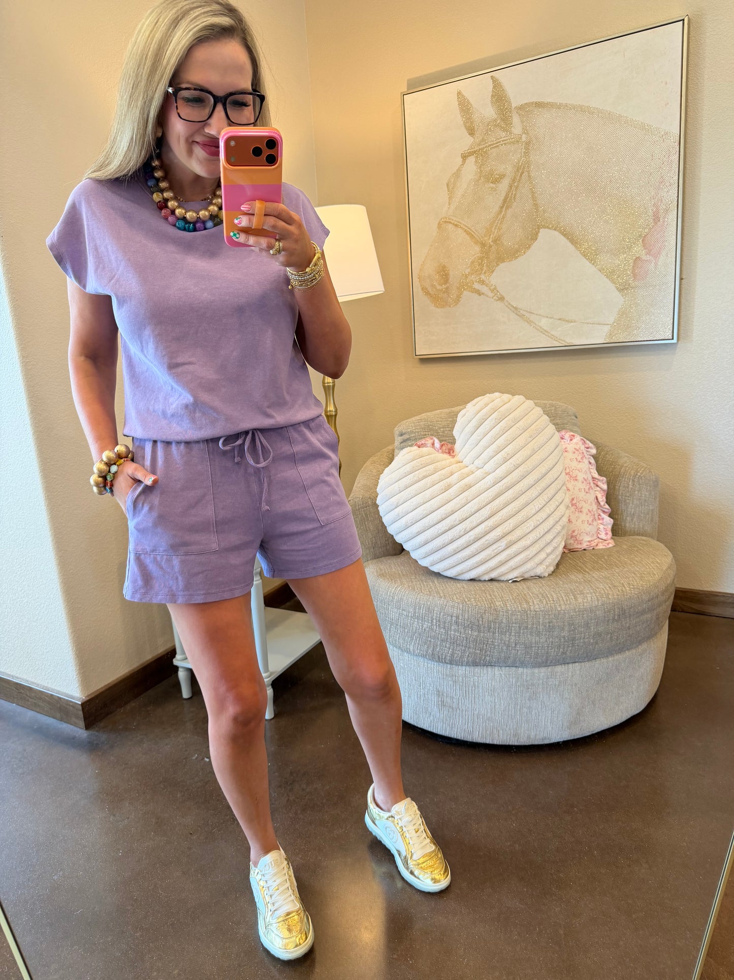 Dusty Purple Sleeveless Crew Neck Top And Shorts Set
