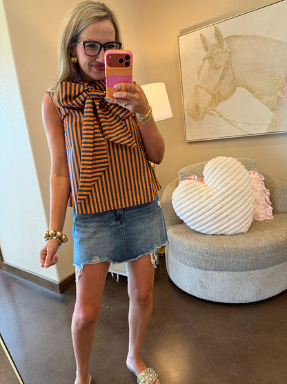 Navy Tie Neck Sleeveless Stripe Top