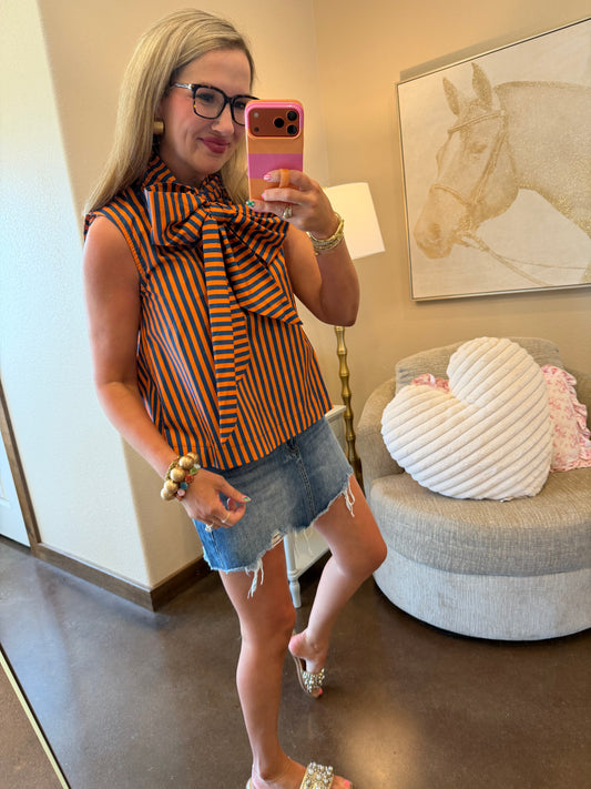 Navy Tie Neck Sleeveless Stripe Top