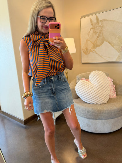 Navy Tie Neck Sleeveless Stripe Top