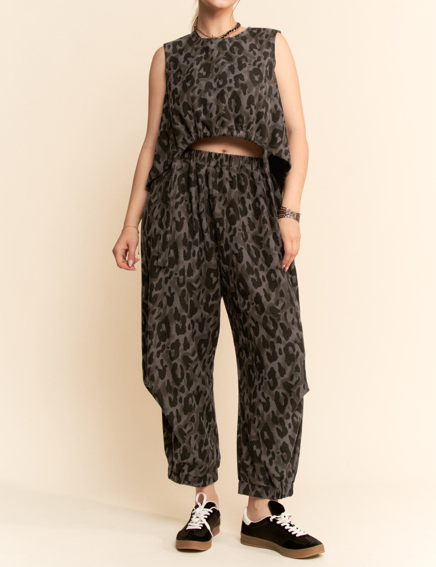 Leopard Printed Soft Knit Crew Neck Pant Set
