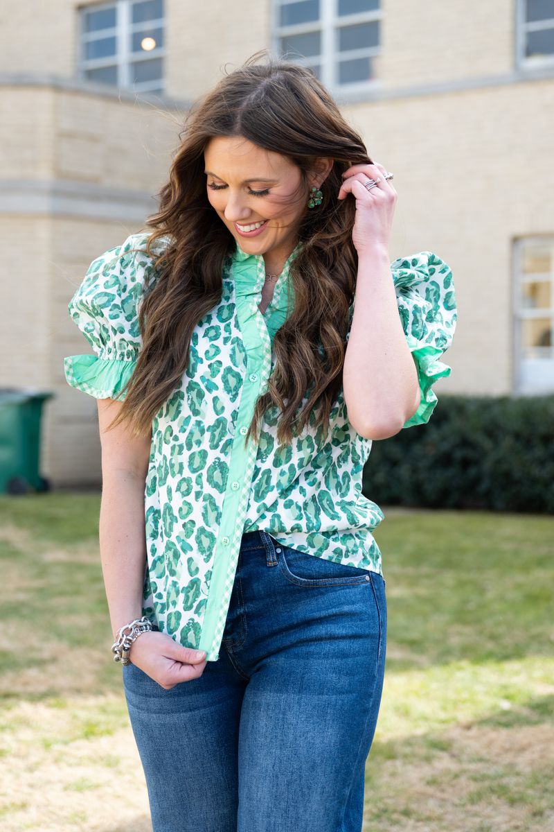 Heather Welper Green Leopard Print Ruffle Collar Top