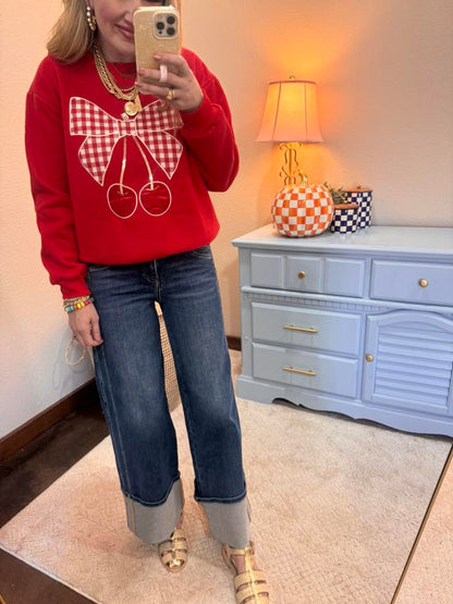 Red Long Sleeve Gingham Bow Cherry Knit Top
