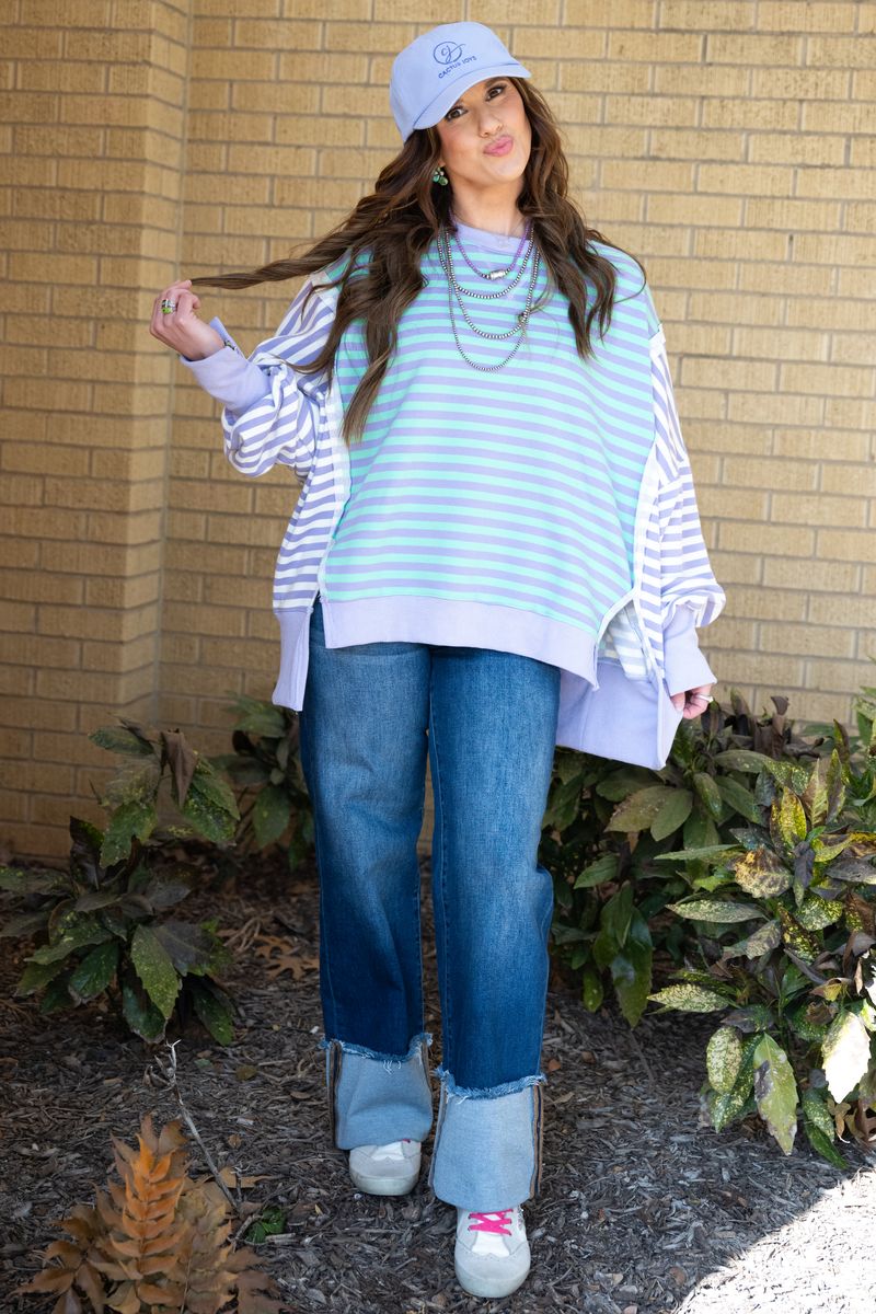 Heather Welper Collection Lavender & Mint Stripe French Terry High Low Hem Top