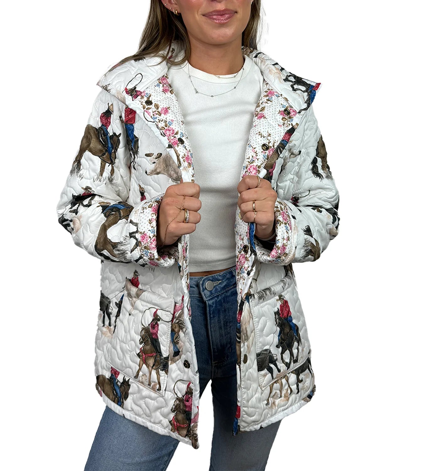 Ida Mae Roselynn Floral White Quilted Snap Jacket
