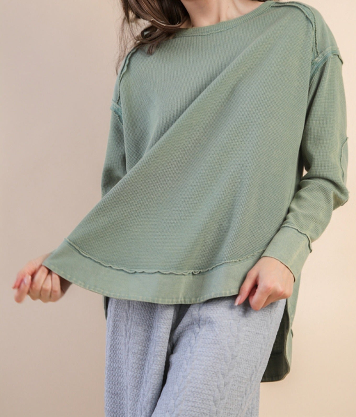 Sage Mineral Washed Elbow Patch Knit Top