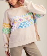 Oatmeal Mineral Washed Top with Floral Patch Details