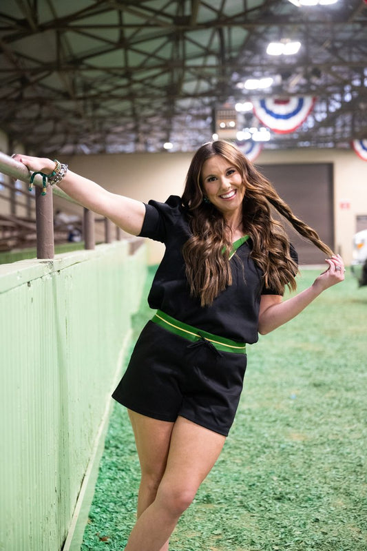 Heather Welper Collection Black Collared V Neck Puff Sleeve Top Shorts Set