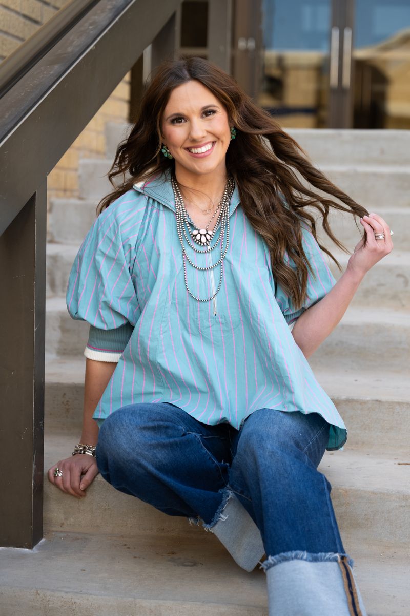 Heather Welper Collection Dusty Blue Mock Neck Band Puff Sleeve Blouse