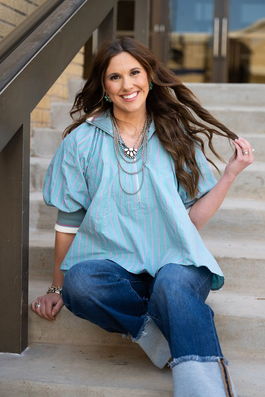 Heather Welper Collection Dusty Blue Mock Neck Band Puff Sleeve Blouse