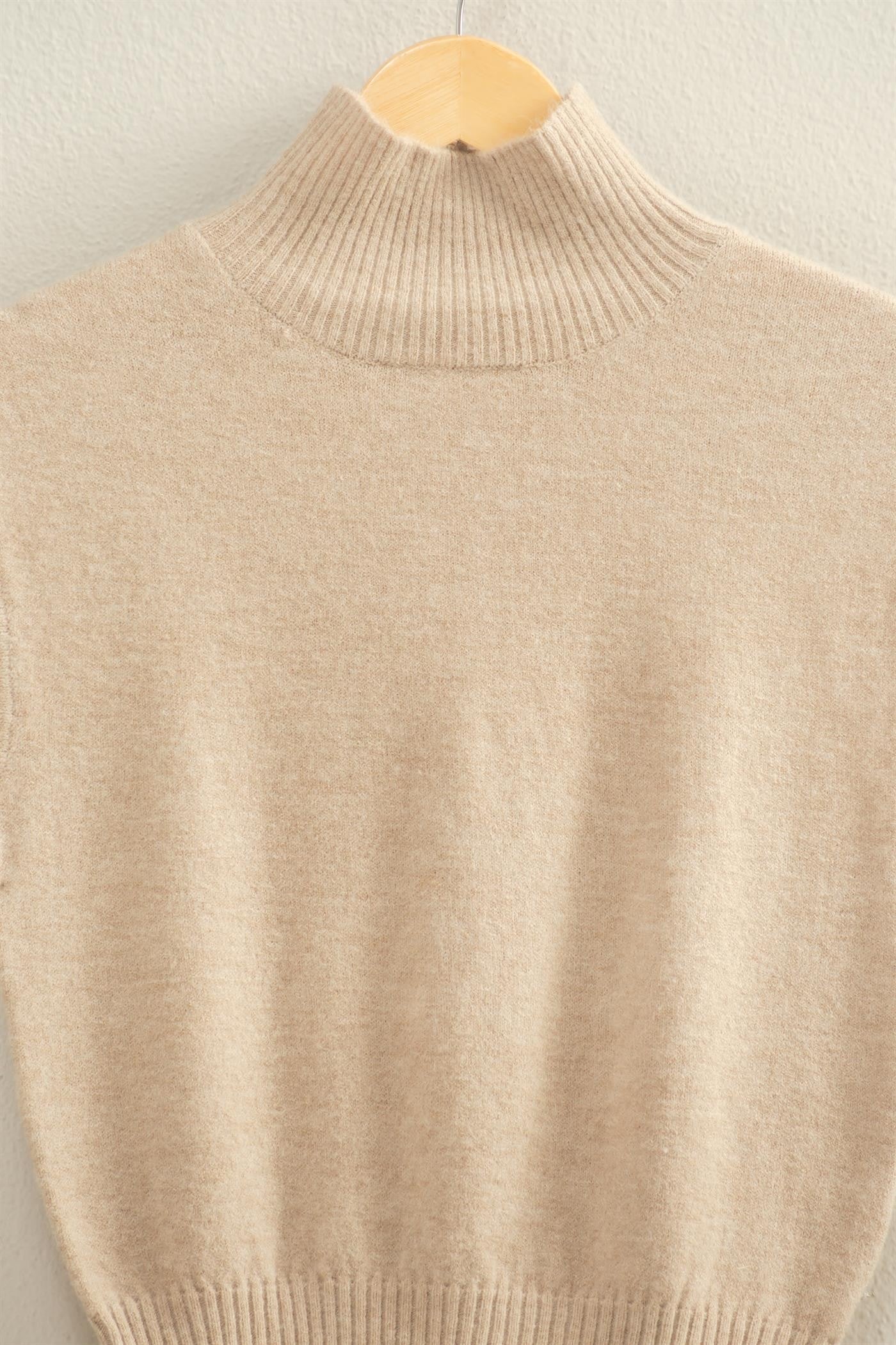 Taupe High Neck Sleeveless Knit Top