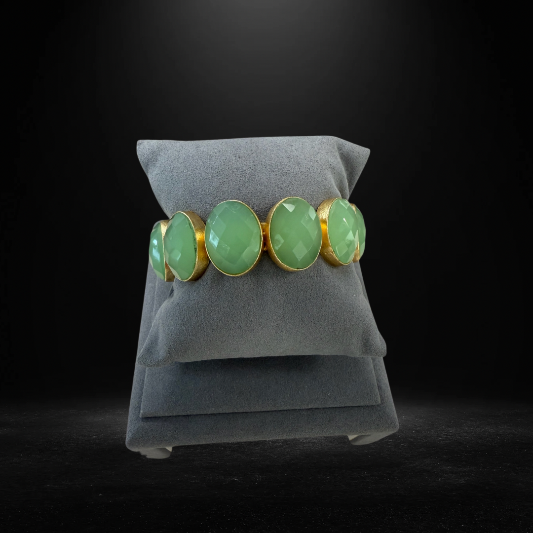 Antique Luxe Jade Color Oval Stone Cuff Bracelet