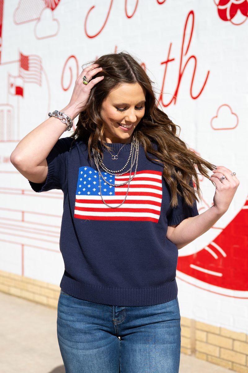 Heather Welper Collection Navy America Flag Knit Top