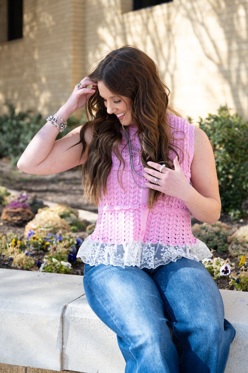 Heather Welper Light Pink Knit Lace Ruffle Top