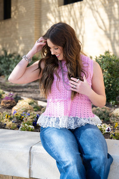 Heather Welper Light Pink Knit Lace Ruffle Top