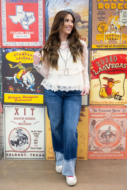 Heather Welper Collection Cream Tiered Lace Long Sleeve Top