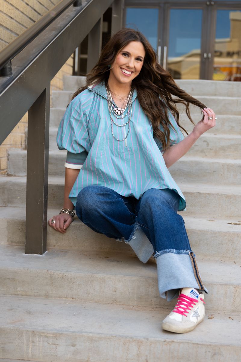 Heather Welper Collection Dusty Blue Mock Neck Band Puff Sleeve Blouse