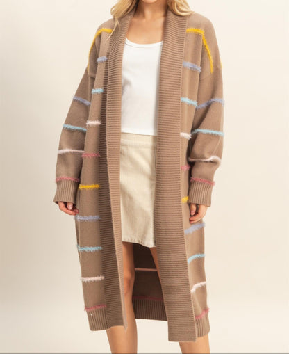 Mocha Multicolor Striped Open Front Long Cardigan
