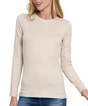 Beige Brushed Microfiber Long Sleeve Round Neck Tee