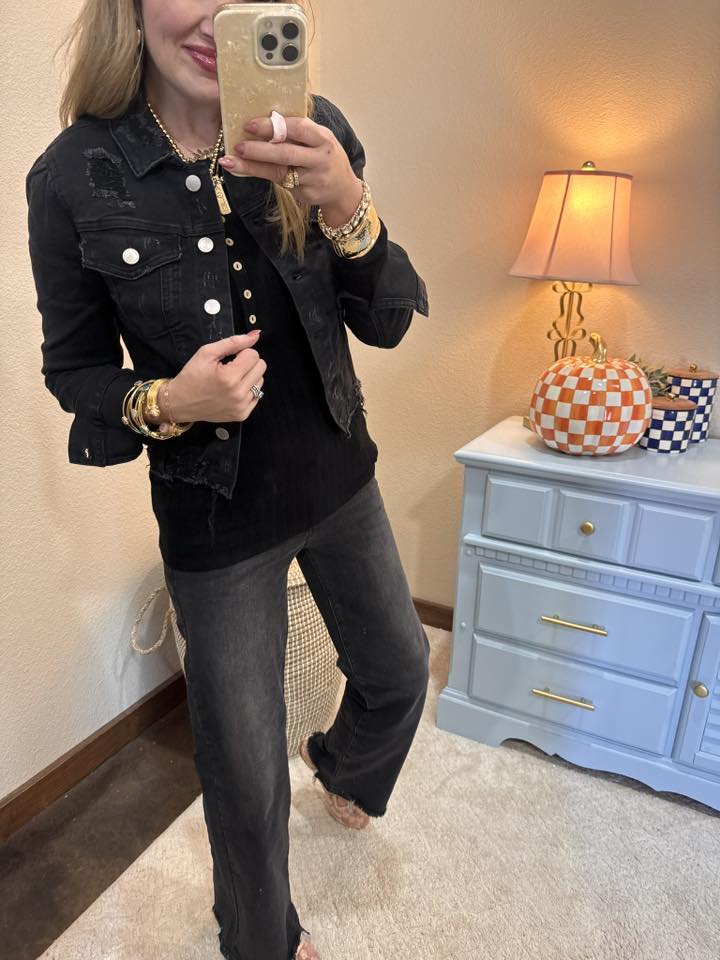 Black Ribbed Long Sleeve Button Down Top