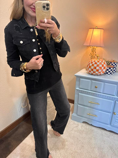 Black Ribbed Long Sleeve Button Down Top