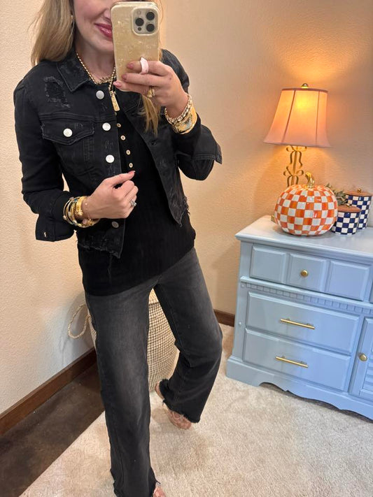 Black Ribbed Long Sleeve Button Down Top