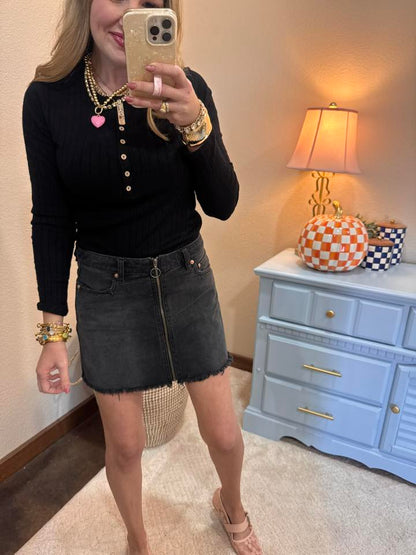 Black Ribbed Long Sleeve Button Down Top