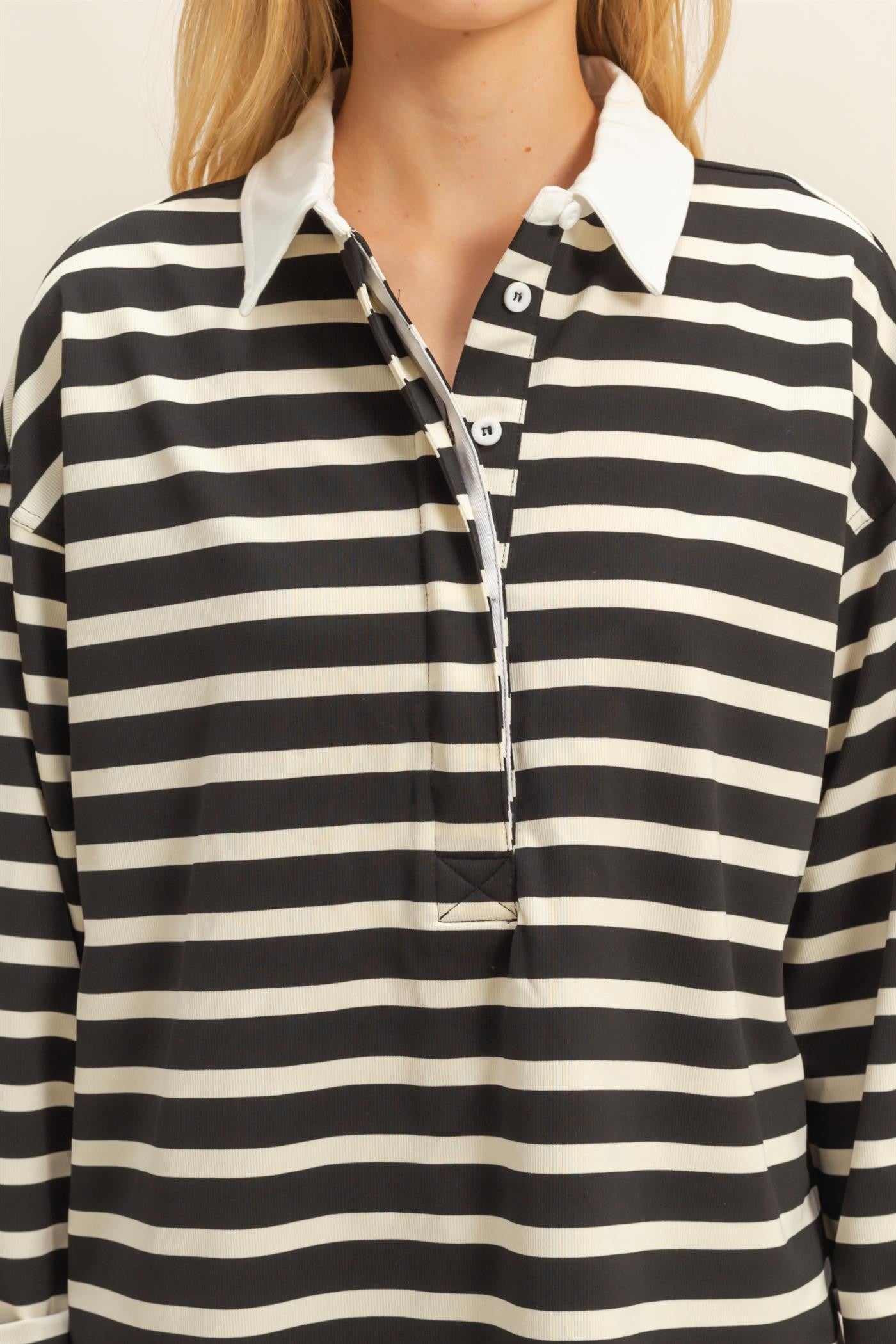 Black/Cream Button up Collar Long Sleeve Top
