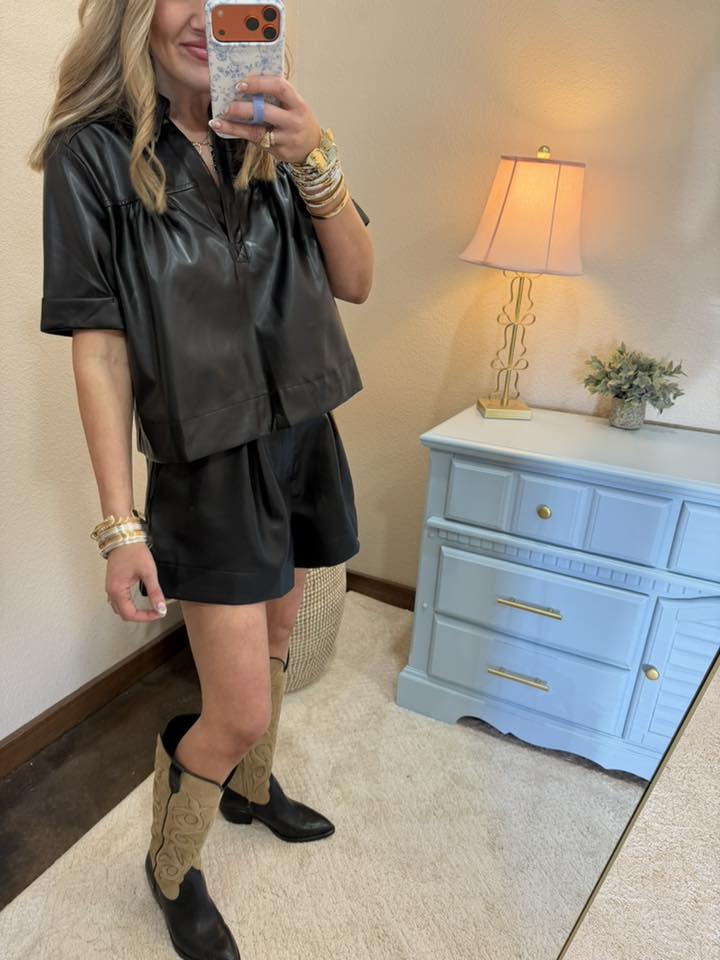 Black Faux Leather Two Piece Short Sets-