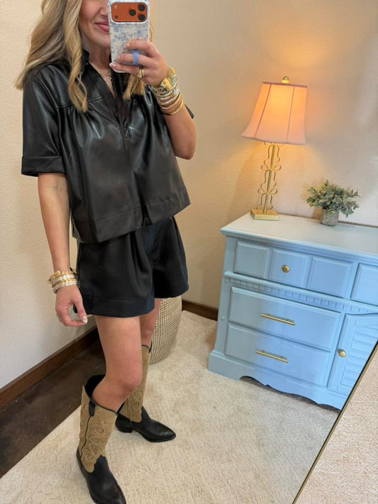 Black Faux Leather Two Piece Short Sets-
