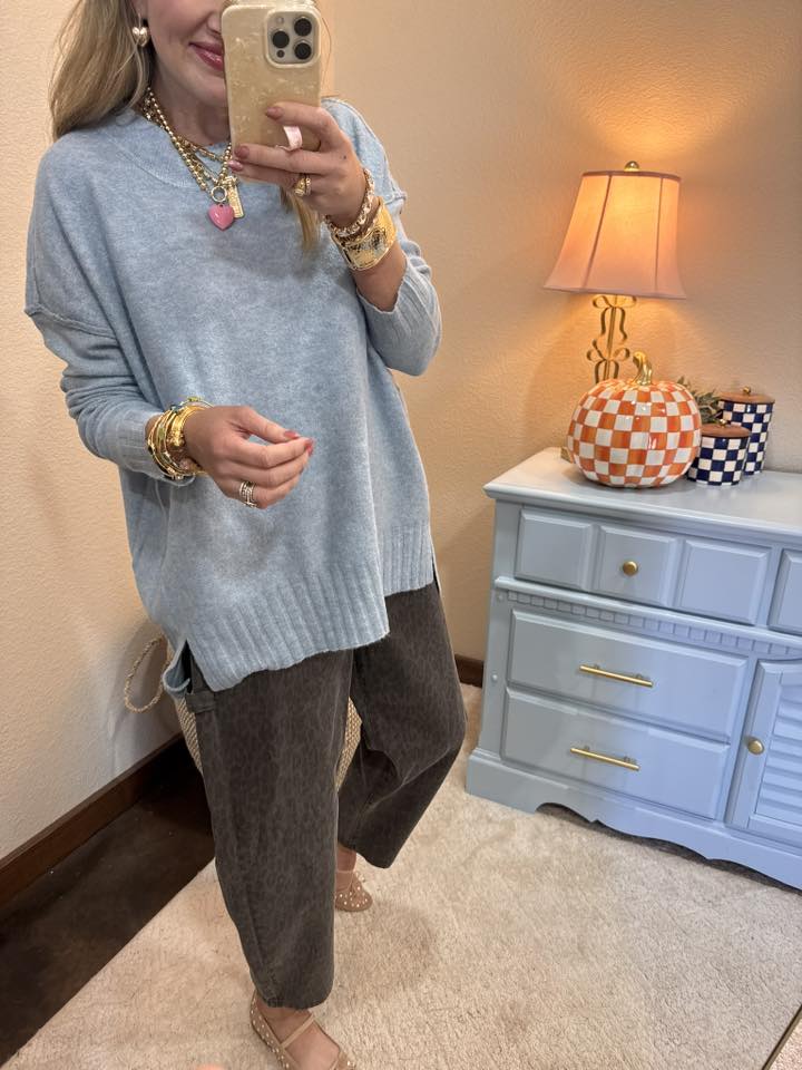 Light Blue Relaxed Fit Cable Neck Sweater