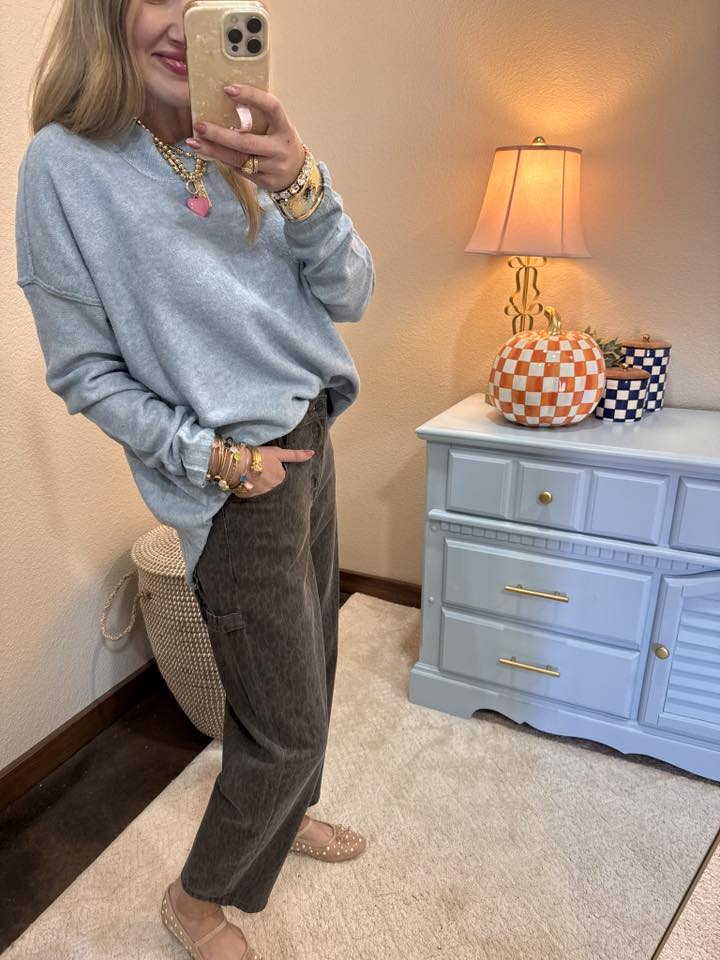 Light Blue Relaxed Fit Cable Neck Sweater