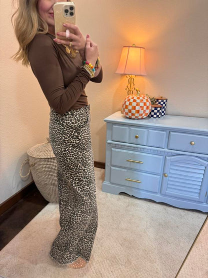 Brown Brushed Microfiber Long Sleeve Round Neck Tee