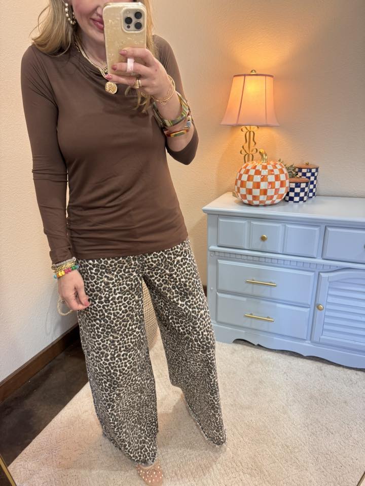 Brown Brushed Microfiber Long Sleeve Round Neck Tee