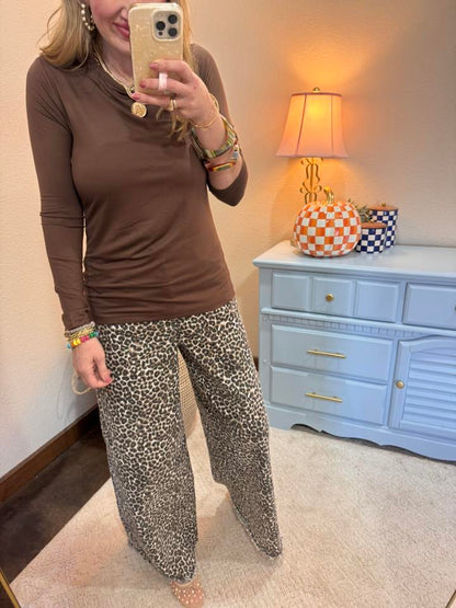 Brown Brushed Microfiber Long Sleeve Round Neck Tee