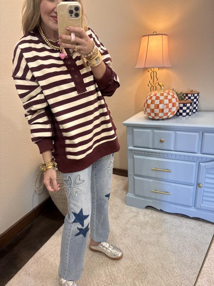 Burgundy and Cream Stripe Pullover Top