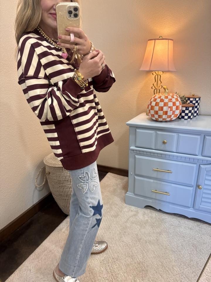 Burgundy and Cream Stripe Pullover Top