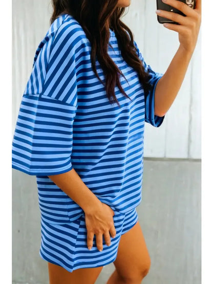 Dark & Light Blue Stripe Pullover Elastic Waist Shorts Set