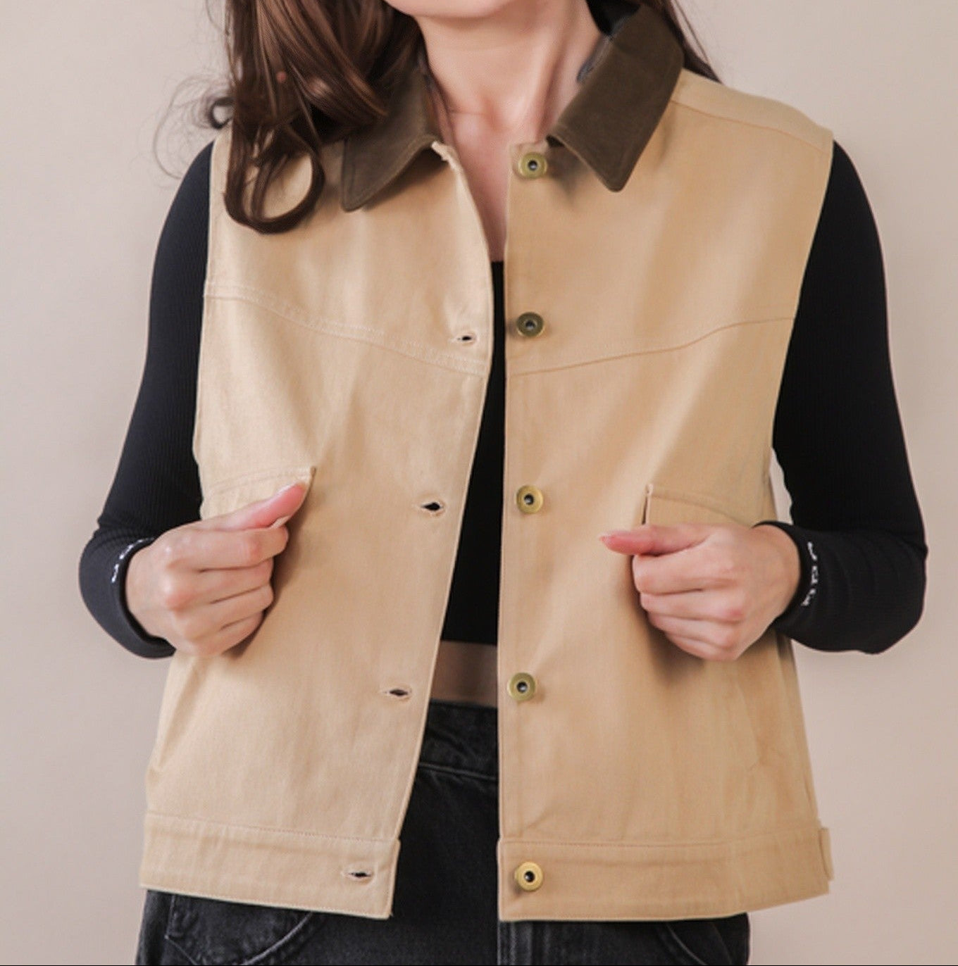 Taupe Washed Cotton Button Down Casual Vest